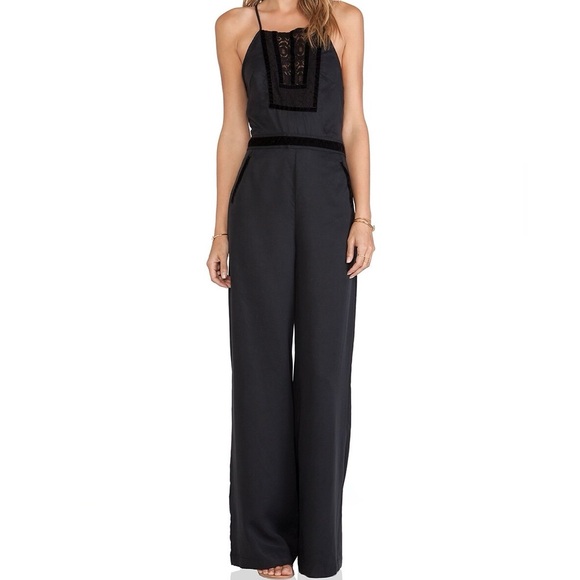 Free People x Revolve Black Tuxedo Jumpsuit 0 Lace Inset Wide-Leg Open Back - Picture 1 of 13